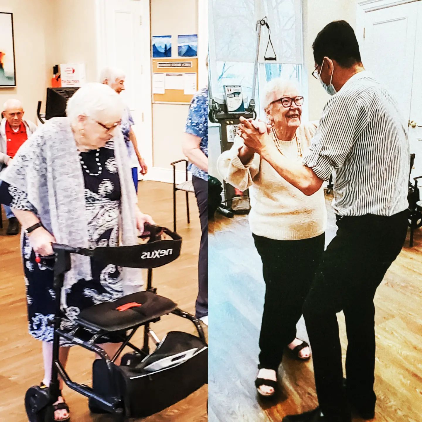 She said, Yes! – One day, I asked June to Dance. She tossed aside her walker and said "Yes"!
One of her fellow danceScape students snapped this secret photo. When we came to teach the next class, June presented us with the photo. It ended up being in Amica monthly newsletter. As well as framed now on our desk.
It's students like June that inspire us. Her favorite dance? The Quickstep!
#shallwedance?