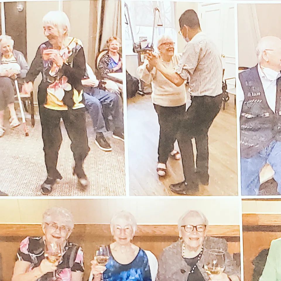 One day, I asked June to Dance. She tossed aside her walker and said "Yes"!
One of her fellow danceScape students snapped this secret photo. When we came to teach the next class, June presented us with the photo. It ended up being in Amica monthly newsletter. As well as framed now on our desk.
It's students like June that inspire us. Her favorite dance? The Quickstep!
#shallwedance?