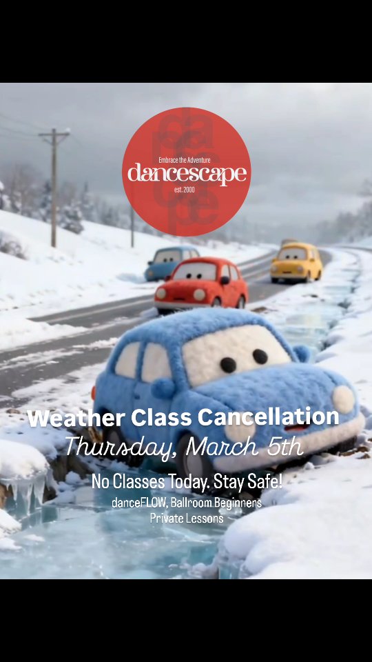 Weather Cancellation Notice – Thursday, March 5th

Please note:
With freezing rain expected to begin around 5:00 PM in Burlington, Hamilton, and surrounding areas this afternoon and continuing into the evening, and out of caution for everyone's safety, the following classes at danceScape in downtown Burlington are cancelled for Thursday, March 5:

• danceTONE – 6:00 PM
• Ballroom Open Variations – 7:00 PM
• Evening Private Lessons

Make-up classes will be added so the full 8-week program schedule will be maintained.

Please stay safe if you need to be out driving this evening.